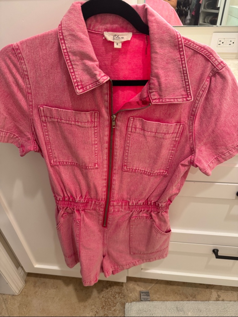 Elan Pink Short Sleeve Denim Zip Romper